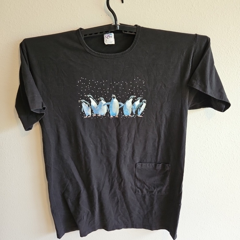 Vintage T Shirt‎ Single Stitch Cal Cru Snow Penguins One Size Cover Up Made USA